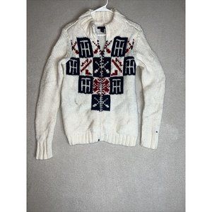 Tommy Hilfiger Crochet Sweater Women Medium Ivory Outdoors Zip Knit Sweatshirt